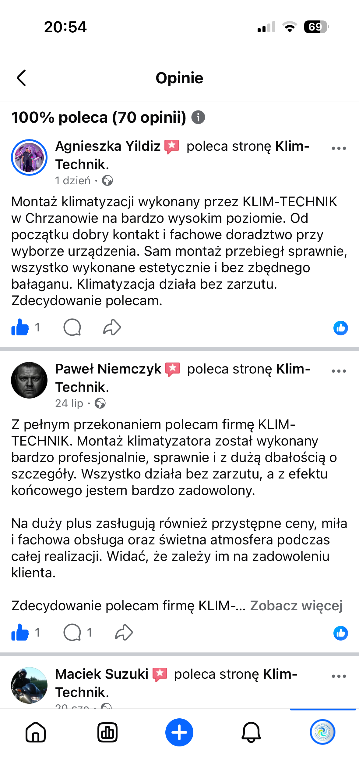 Opinia klienta KLIM-TECHNIK z Facebooka