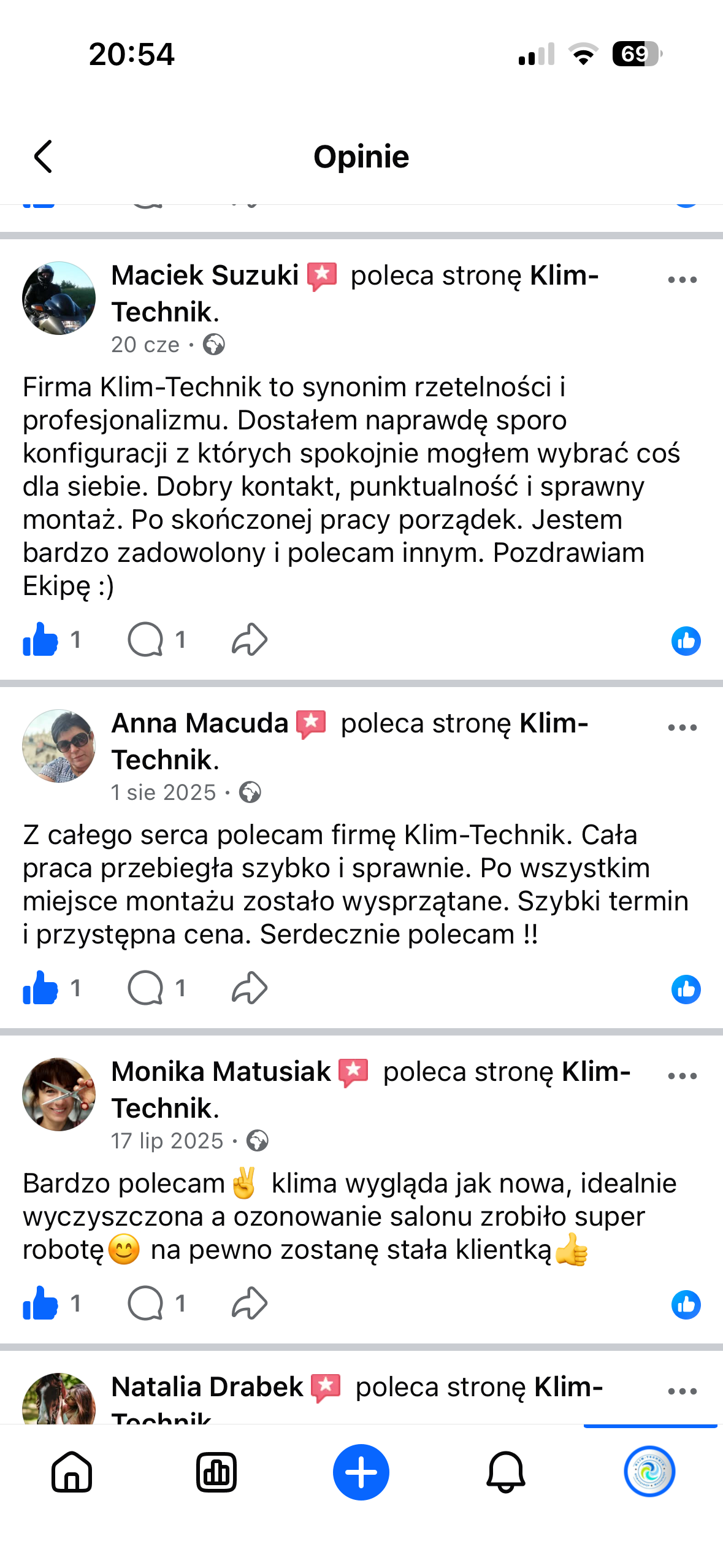 Opinia klienta KLIM-TECHNIK z Facebooka