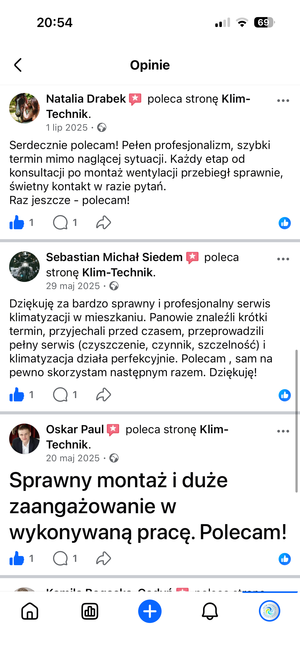Opinia klienta KLIM-TECHNIK z Facebooka