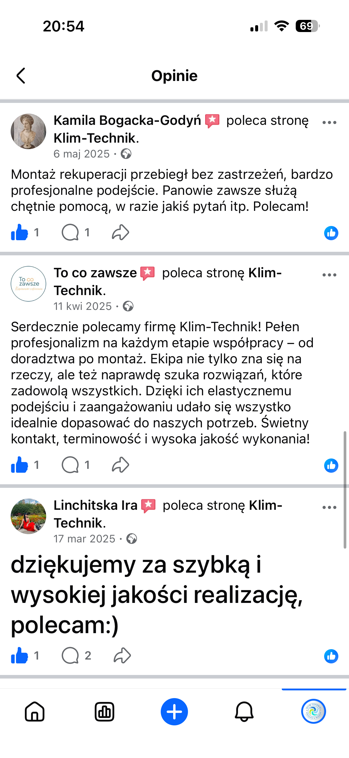 Opinia klienta KLIM-TECHNIK z Facebooka