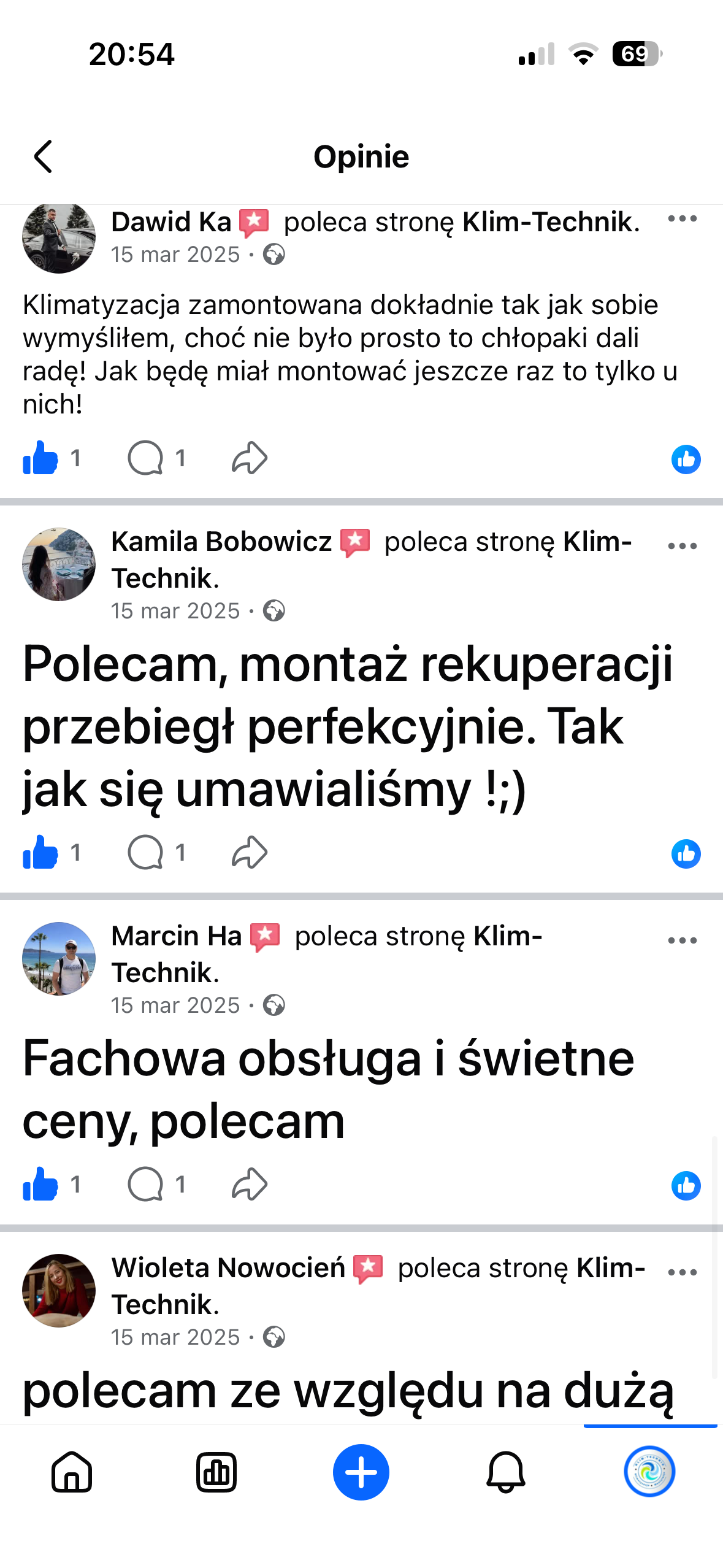 Opinia klienta KLIM-TECHNIK z Facebooka